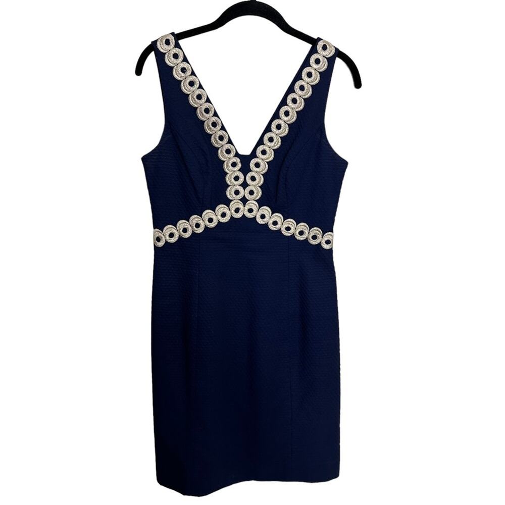 Lilly Pulitzer Mini Dress Gold Embroidered Trim Navy Blue Textured Cotton 0 - Picture 9 of 10